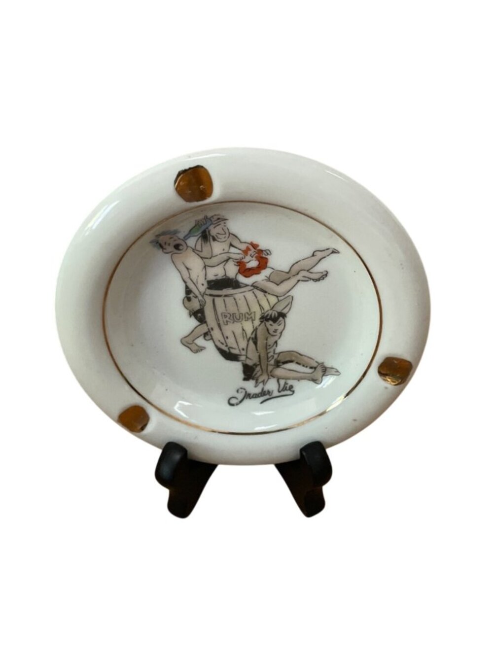 Vtg Trader Vics Polynesian Tiki Bar Ceramic Ashtray Rum Barrel Cartoon Artwork